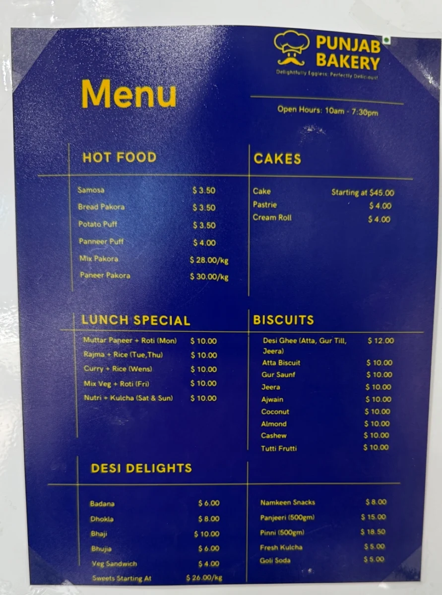 Menu, Punjab Bakery