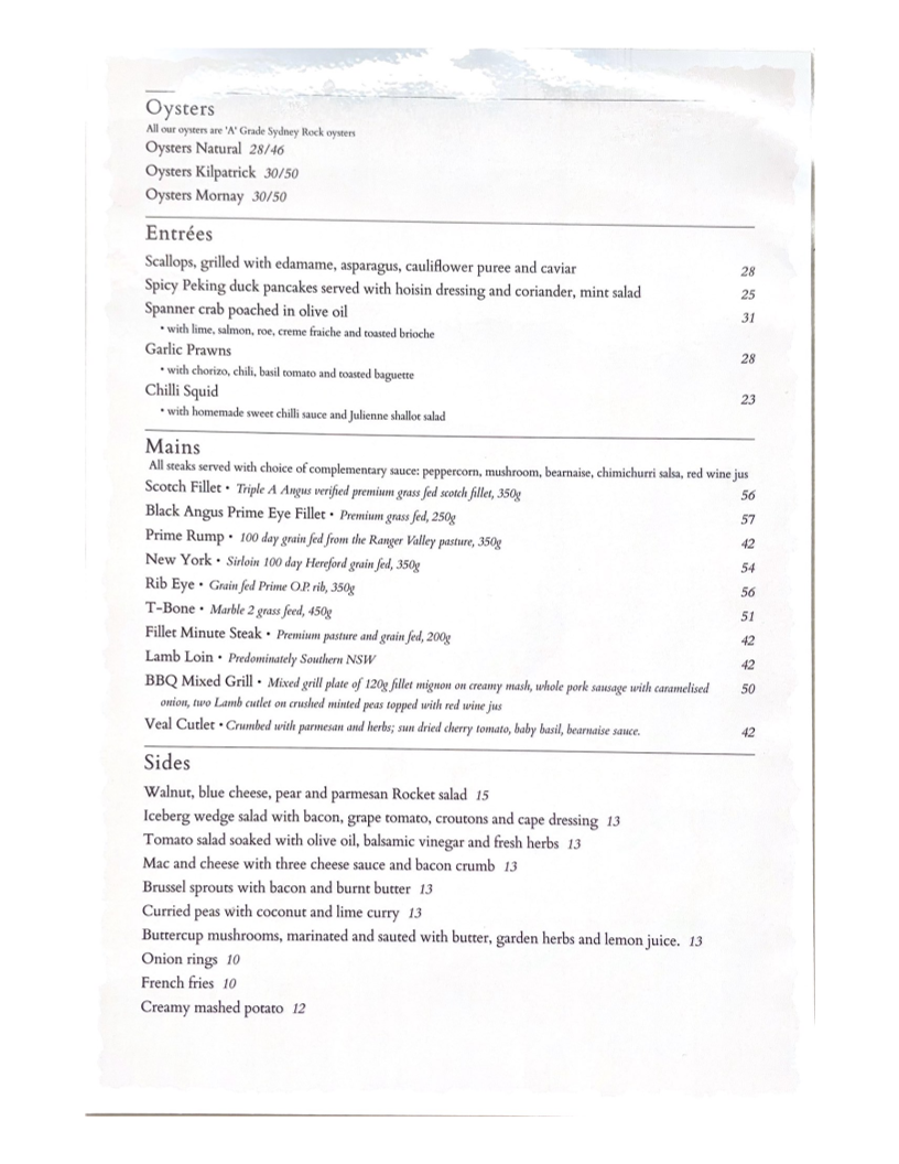 Menu, The Occidental Hotel
