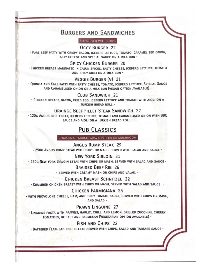Menu, The Occidental Hotel