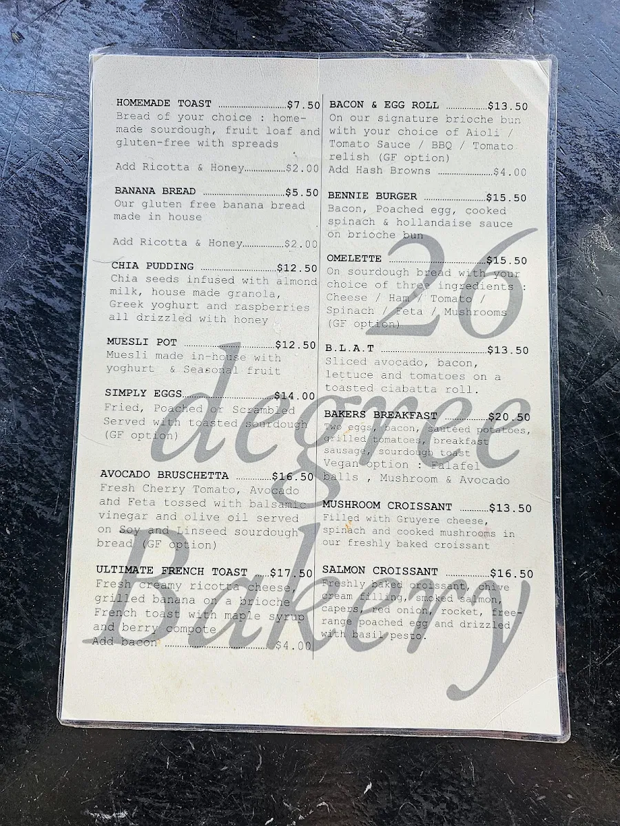 Menu, Annandale Bakehouse