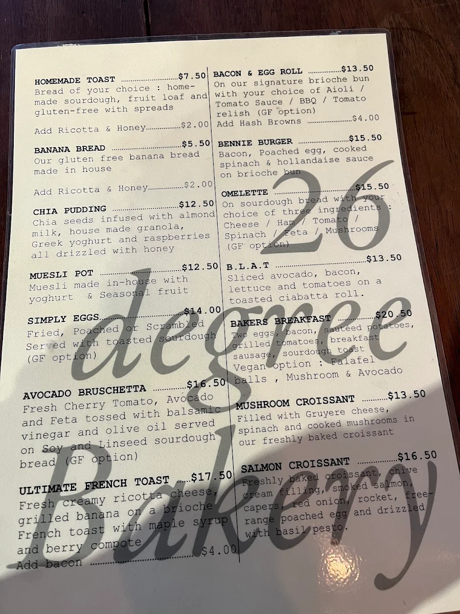 Menu, Annandale Bakehouse