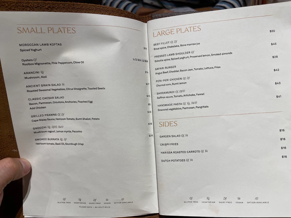 Menu, Kutjera Restaurant & Bar
