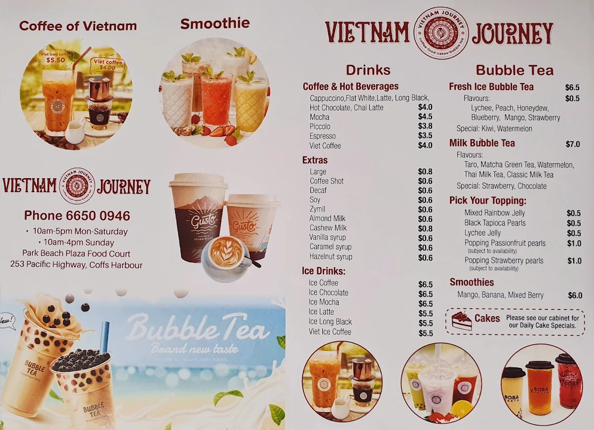Menu, Vietnam Journey Park Beach Plaza & Bubbletea