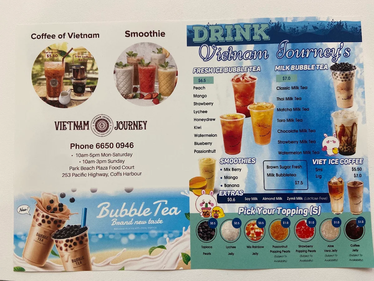 Menu, Vietnam Journey Park Beach Plaza & Bubbletea