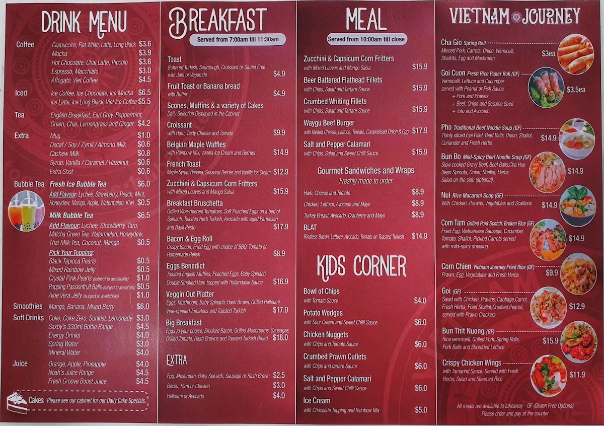 Menu, Vietnam Journey Park Beach Plaza & Bubbletea