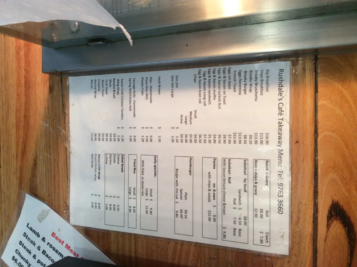 Menu, RUSHDALE'S CAFE