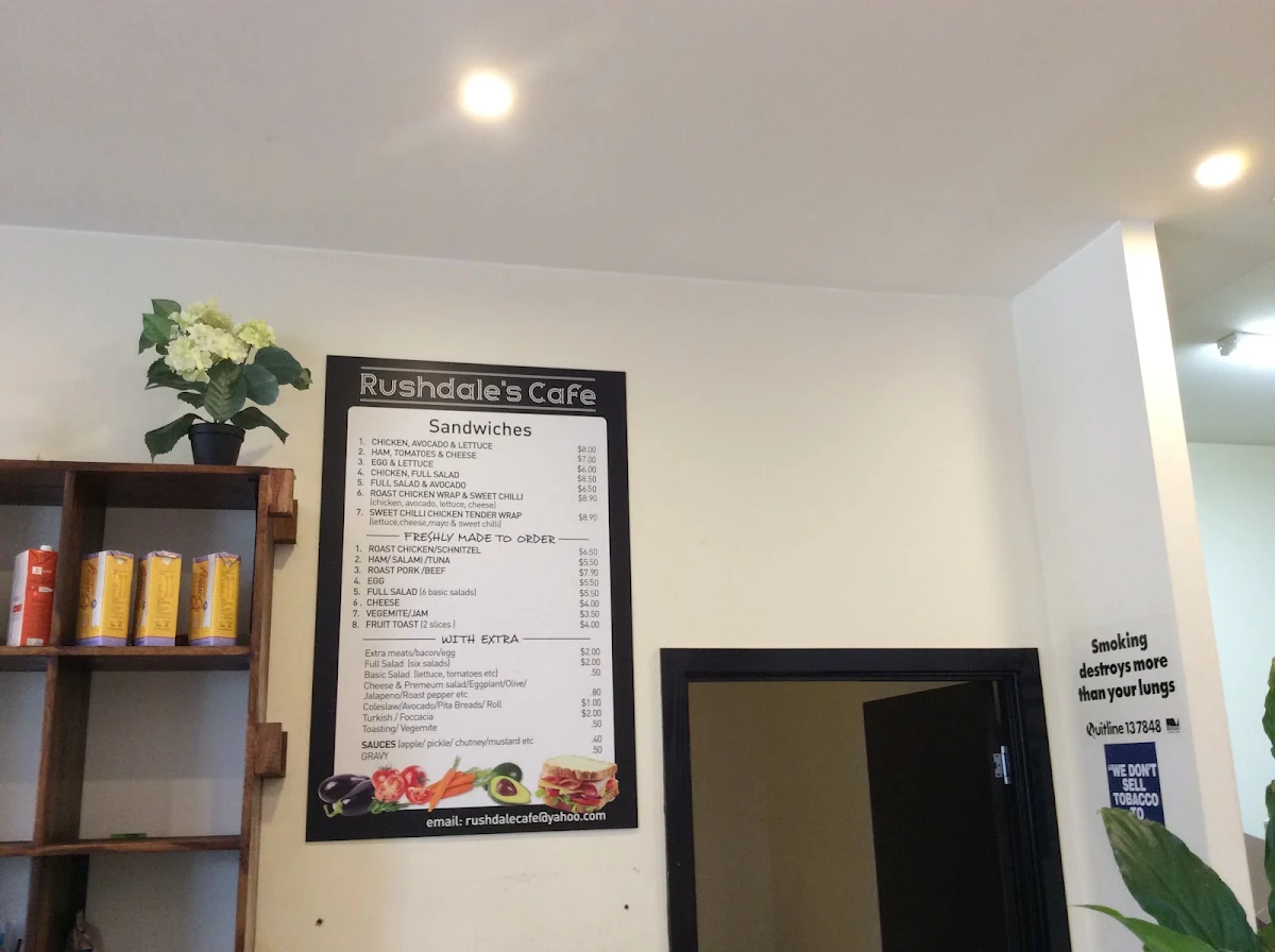 Menu, RUSHDALE'S CAFE