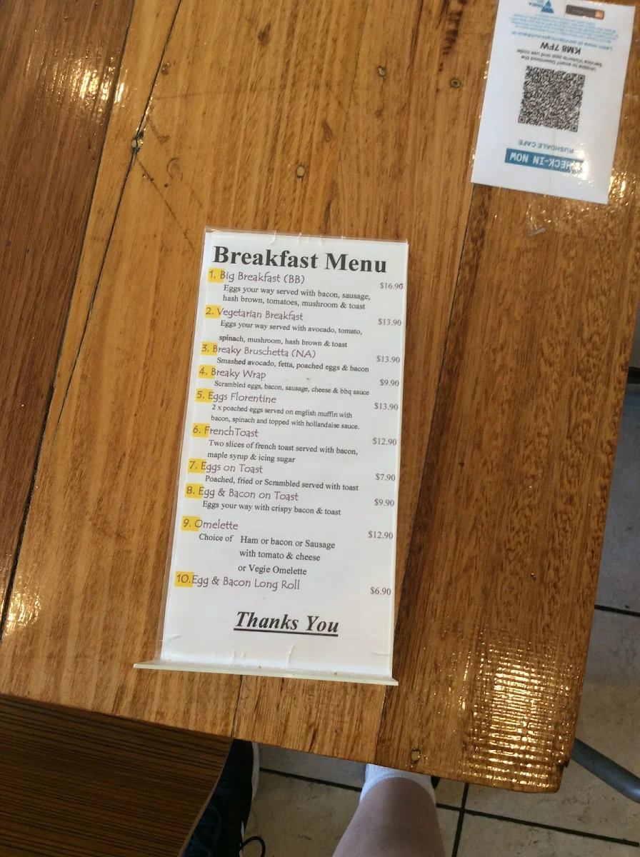 Menu, RUSHDALE'S CAFE