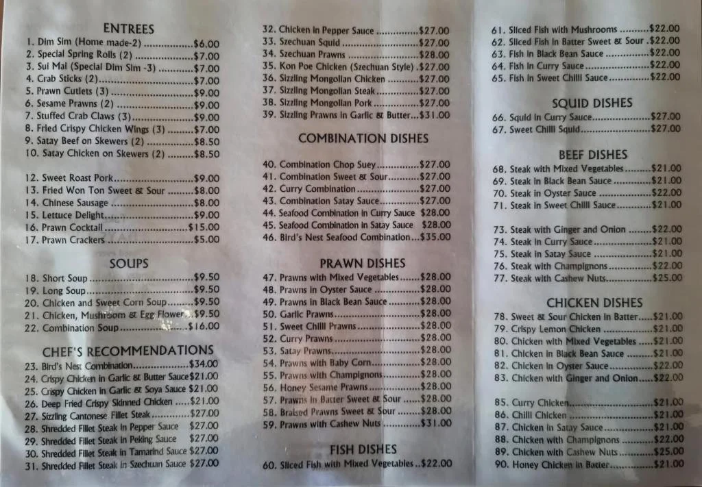 Menu, Rutherglen Eastern Palace Chinese