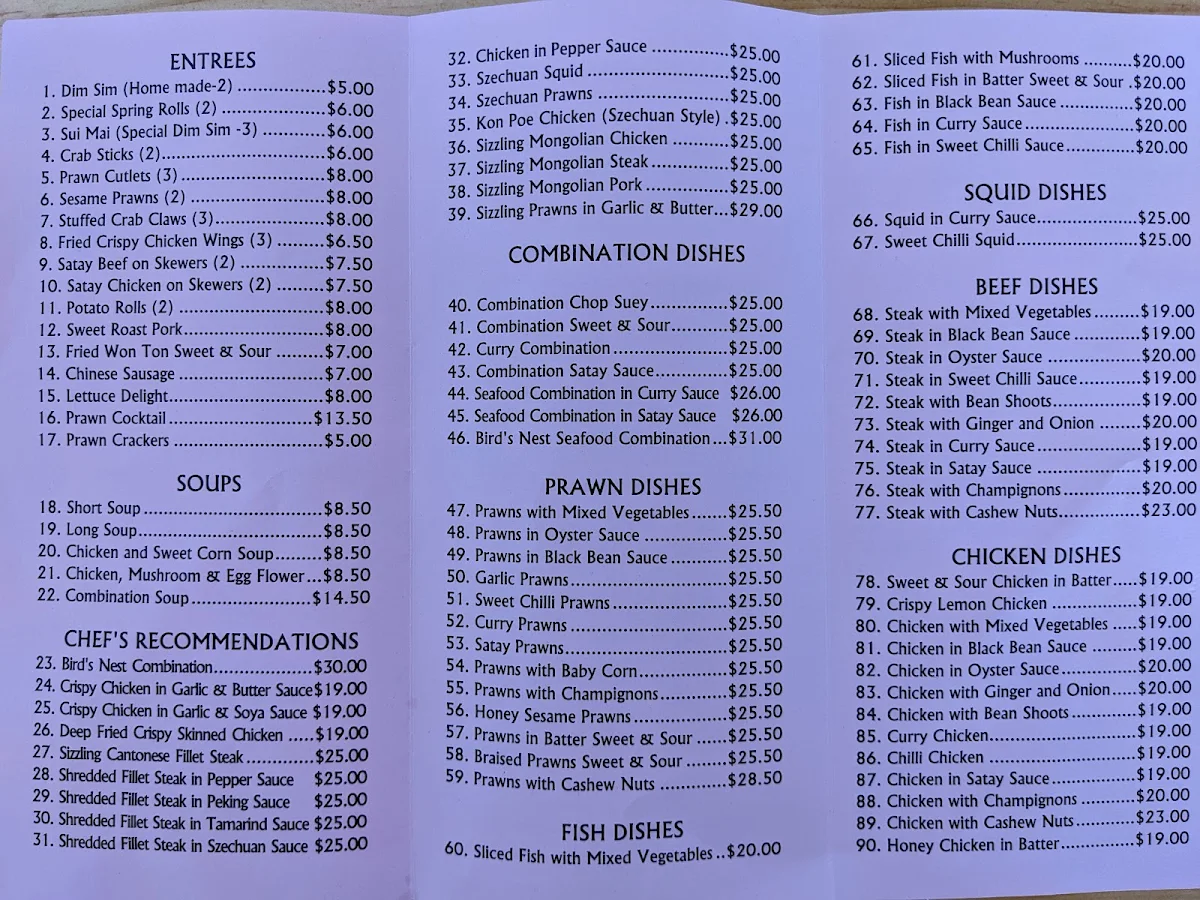 Menu, Rutherglen Eastern Palace Chinese