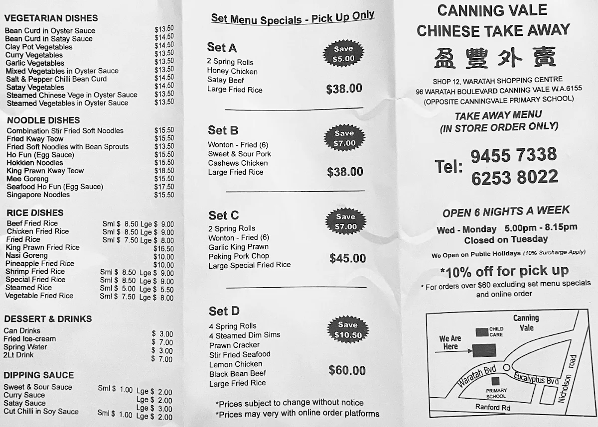 Menu, Canning Vale Chinese Takeaway