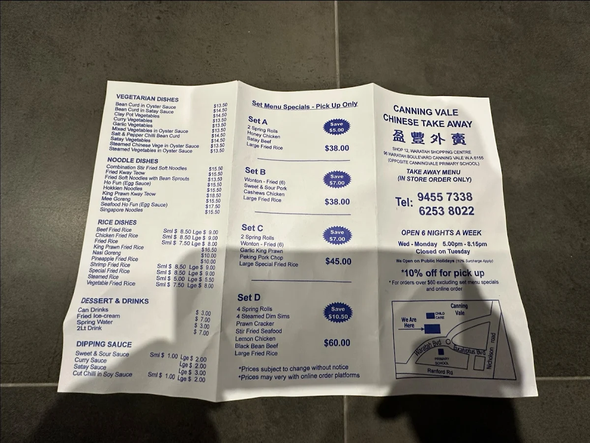 Menu, Canning Vale Chinese Takeaway