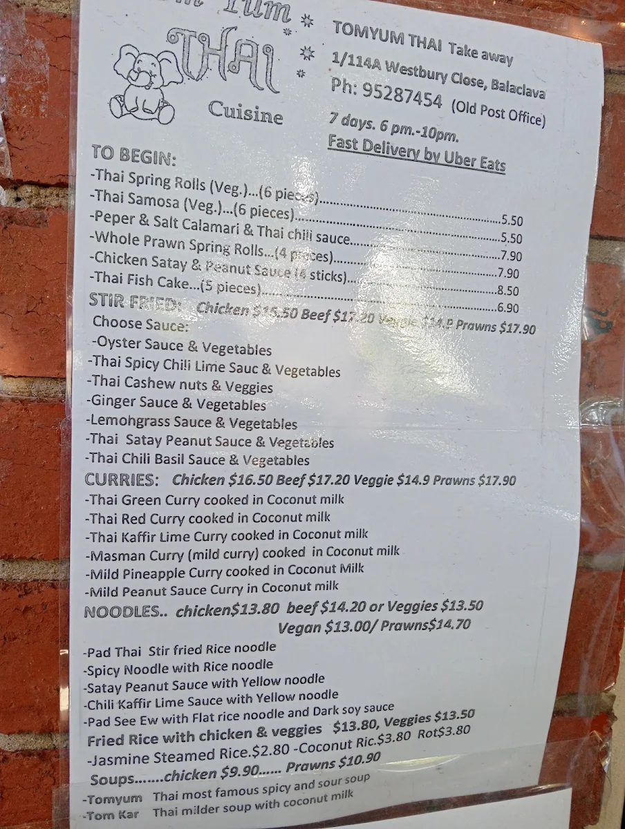 Menu, Tom Yum Thai Cuisine - Balaclava