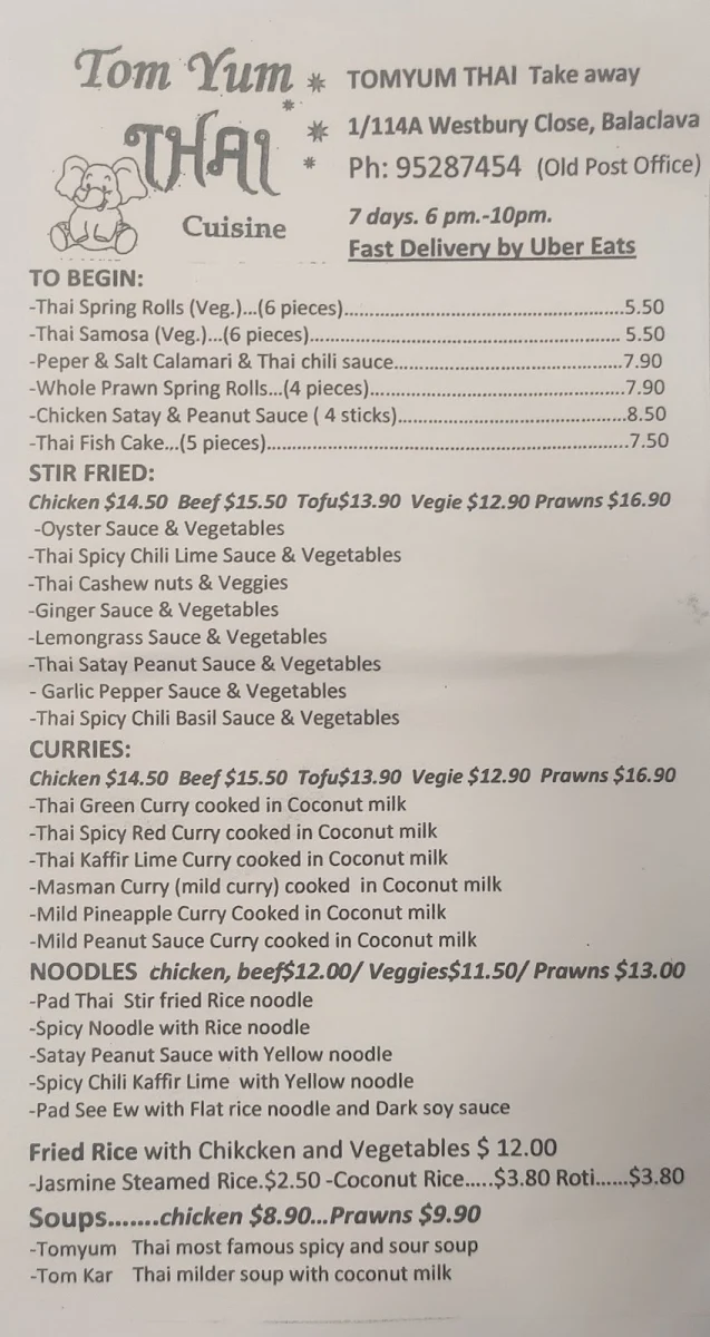 Menu, Tom Yum Thai Cuisine - Balaclava