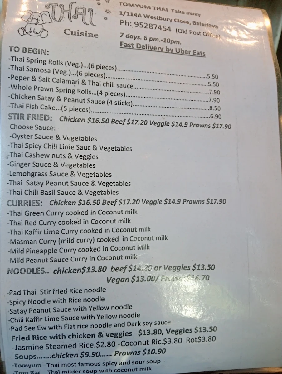 Menu, Tom Yum Thai Cuisine - Balaclava