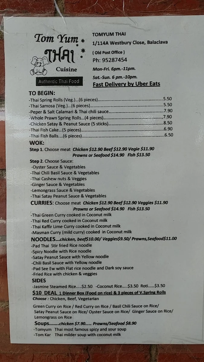 Menu, Tom Yum Thai Cuisine - Balaclava