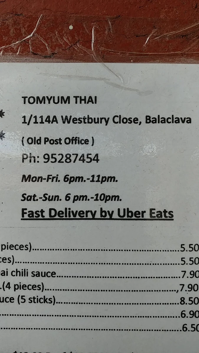 Menu, Tom Yum Thai Cuisine - Balaclava