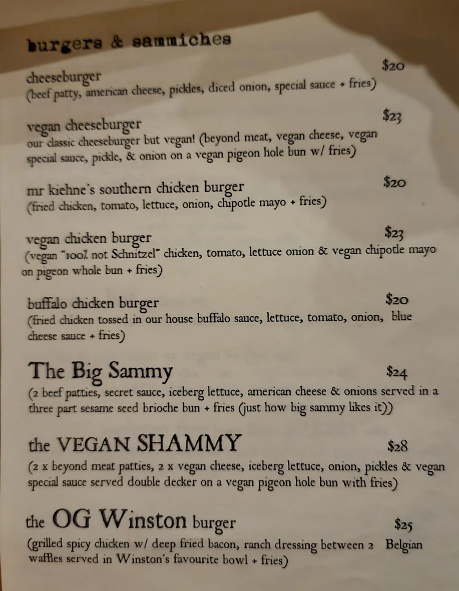 Menu, The Winston