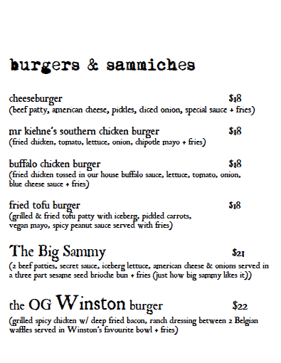 Menu, The Winston