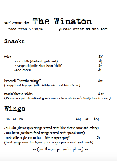 Menu, The Winston