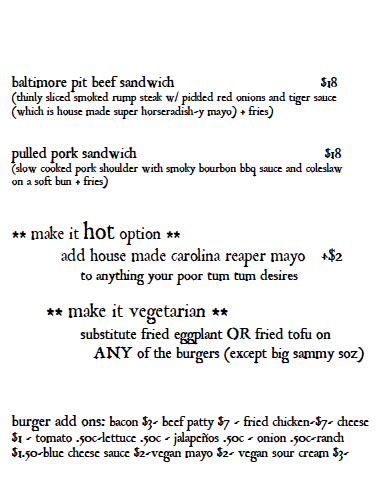 Menu, The Winston