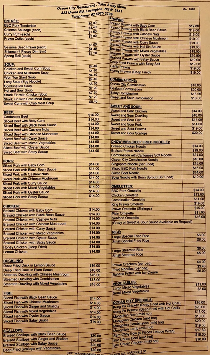 Menu, Ocean City Restaurant