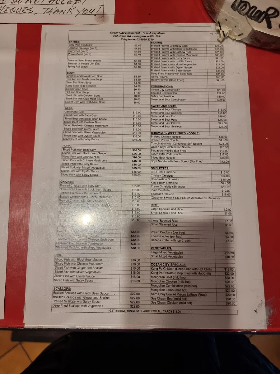 Menu, Ocean City Restaurant