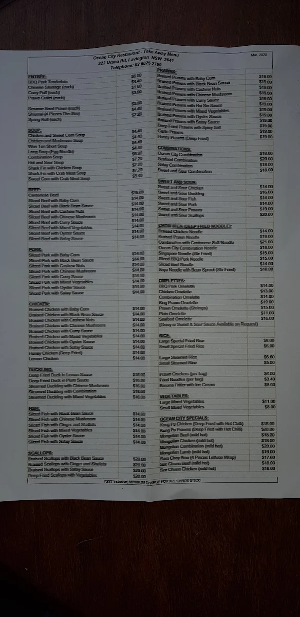 Menu, Ocean City Restaurant