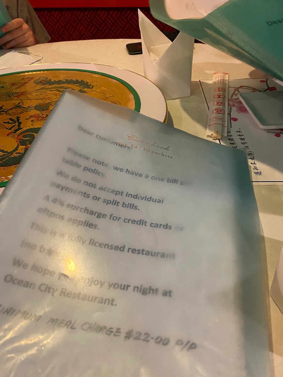 Menu, Ocean City Restaurant