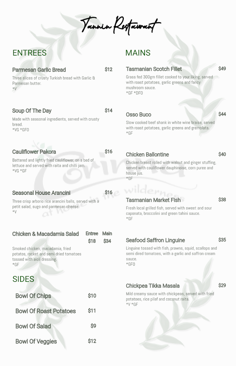 Menu, Tannin Restaurant