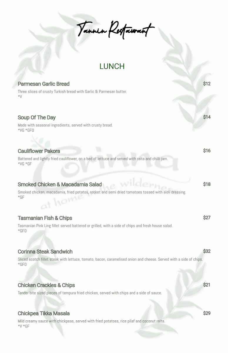 Menu, Tannin Restaurant