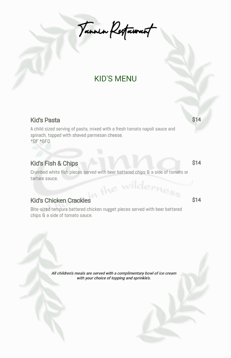 Menu, Tannin Restaurant