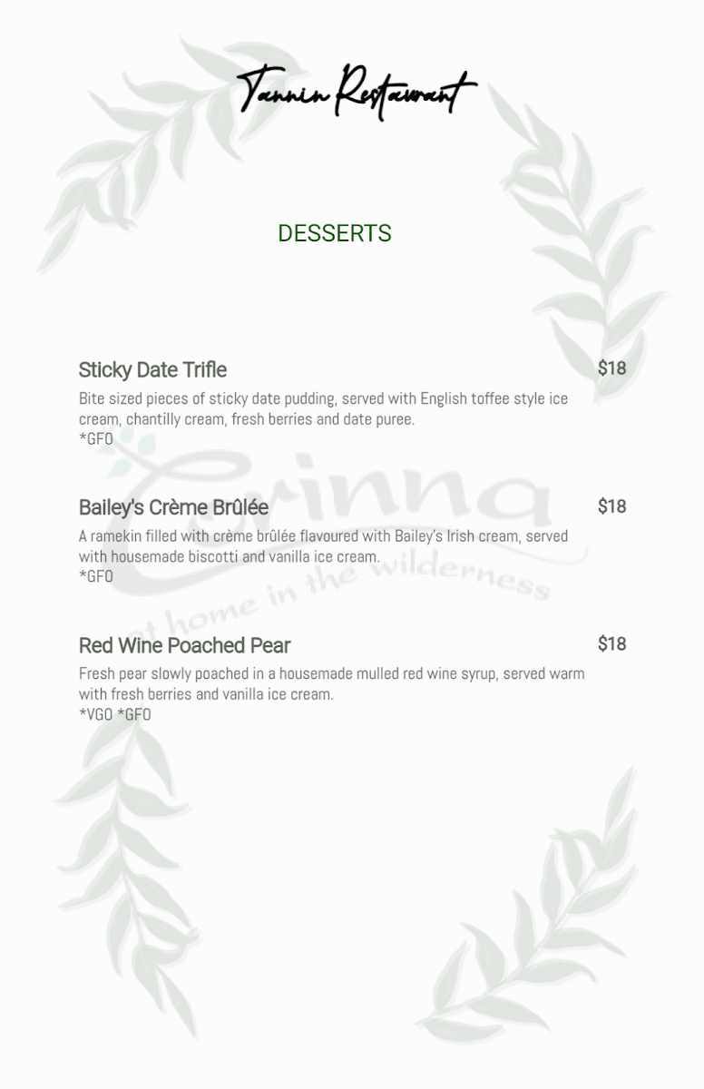 Menu, Tannin Restaurant