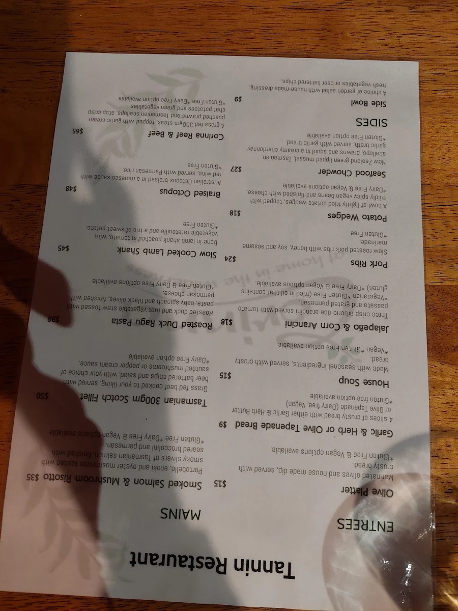 Menu, Tannin Restaurant