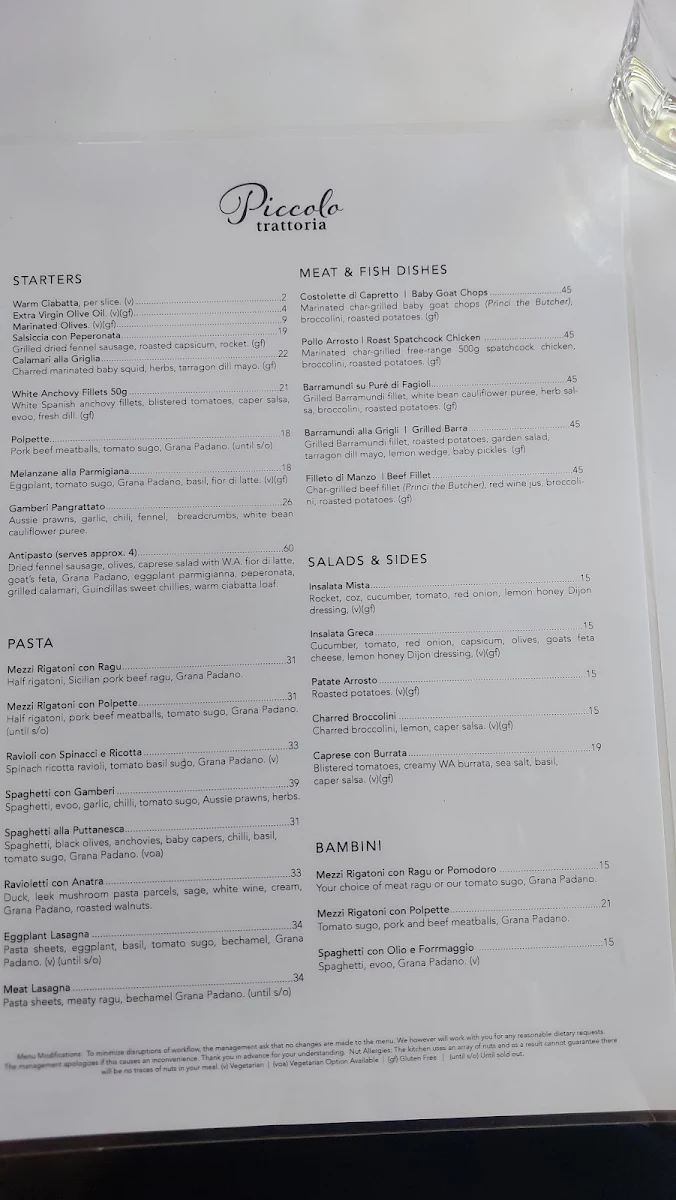 Menu, Piccolo Trattoria