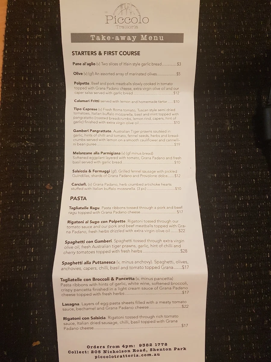 Menu, Piccolo Trattoria