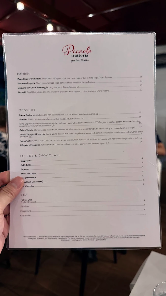 Menu, Piccolo Trattoria