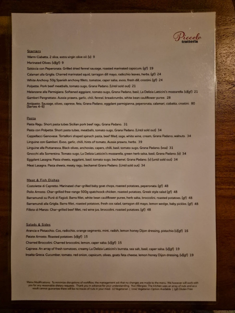 Menu, Piccolo Trattoria