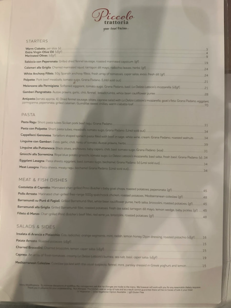 Menu, Piccolo Trattoria