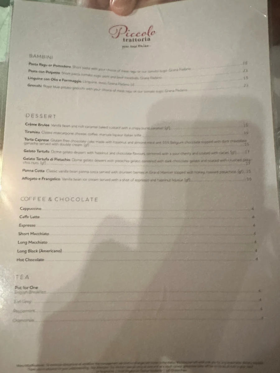 Menu, Piccolo Trattoria