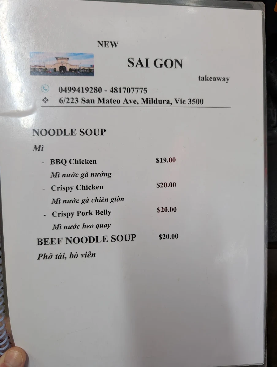 Menu, New Saigon takeaway