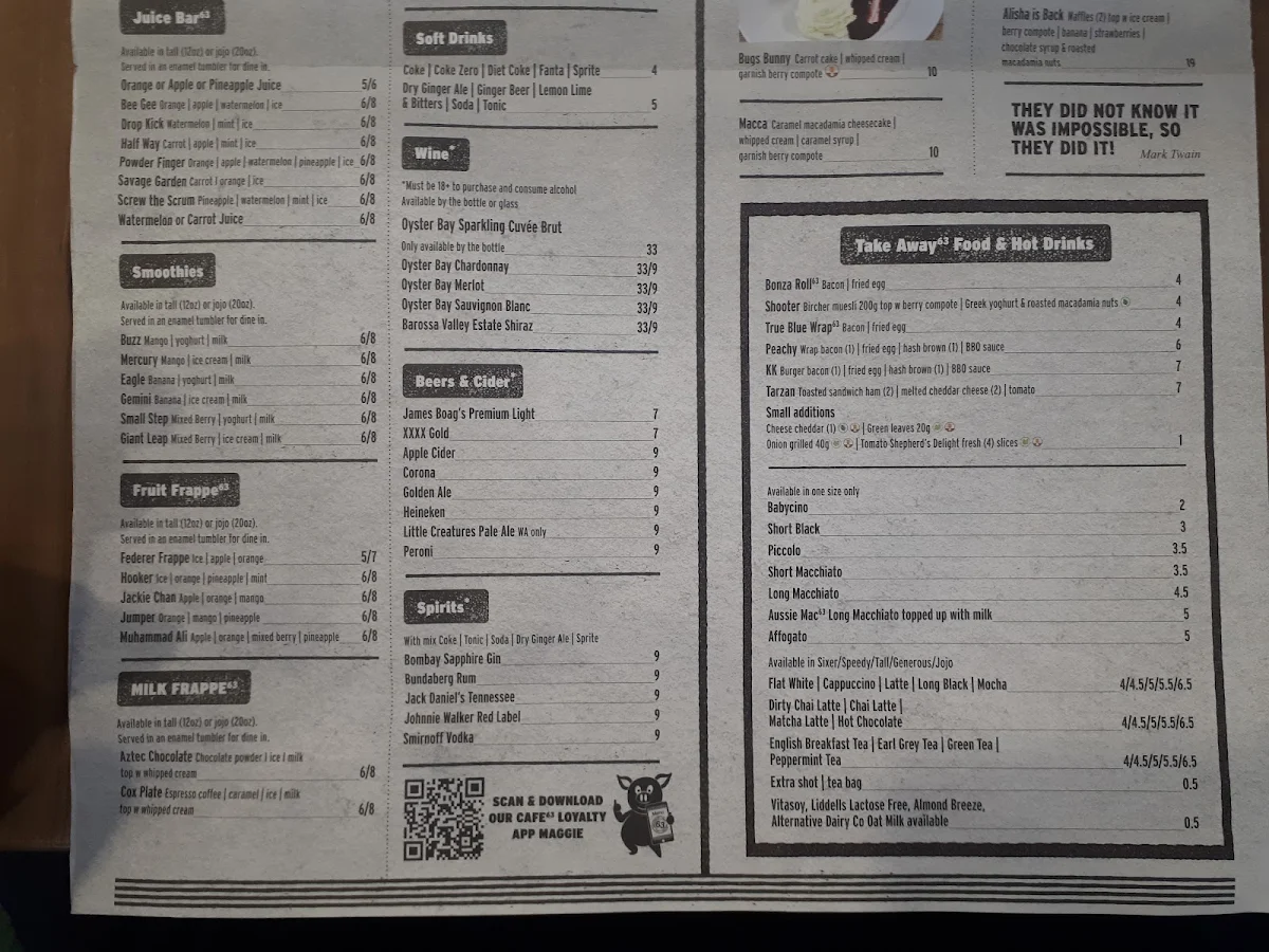 Menu, Cafe 63 Sunshine Plaza