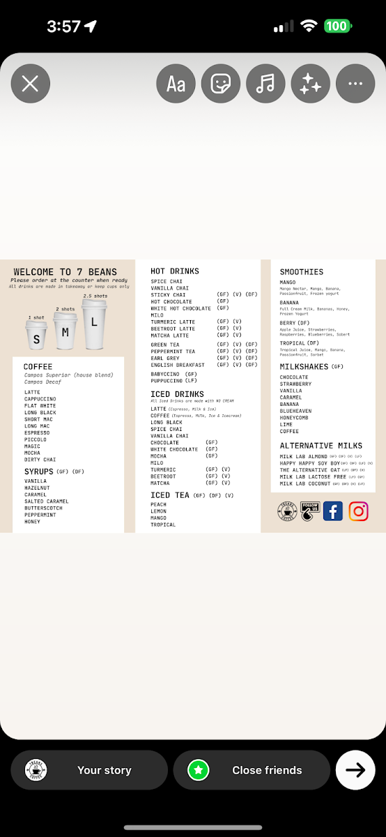 Menu, 7 Beans Coffee Echuca