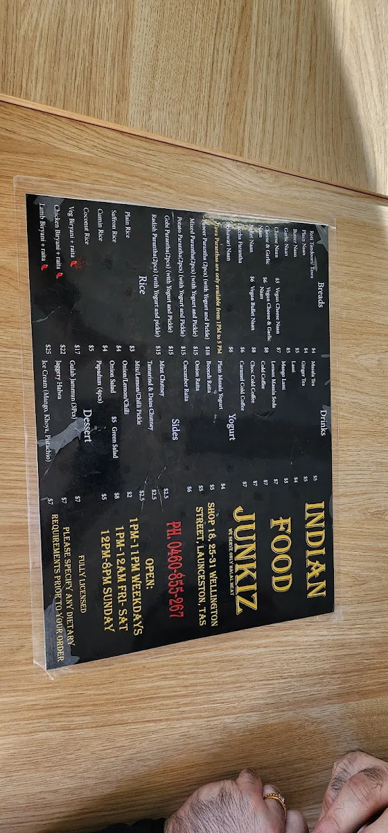 Menu, Indian Food Junkiz