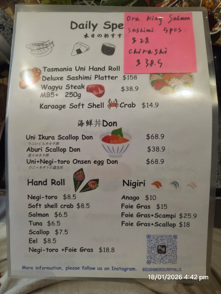 Menu, Sushi-mori