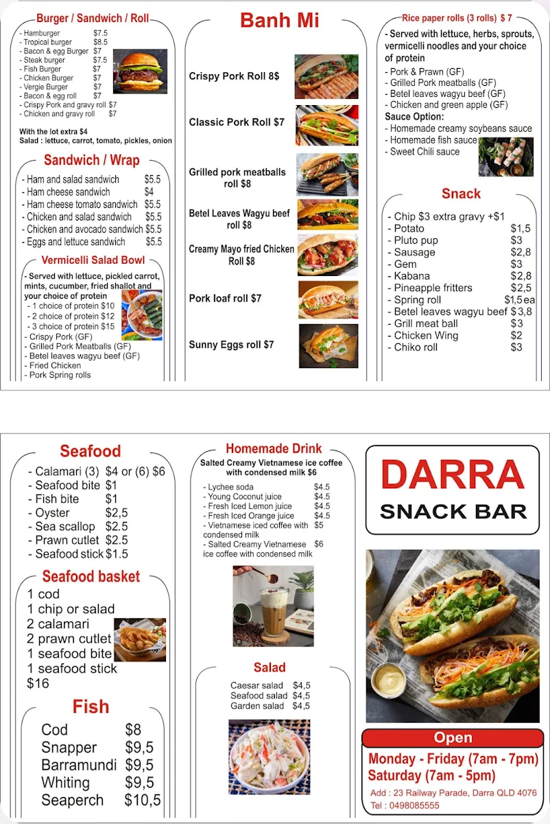 Menu, Darra Snack Bar