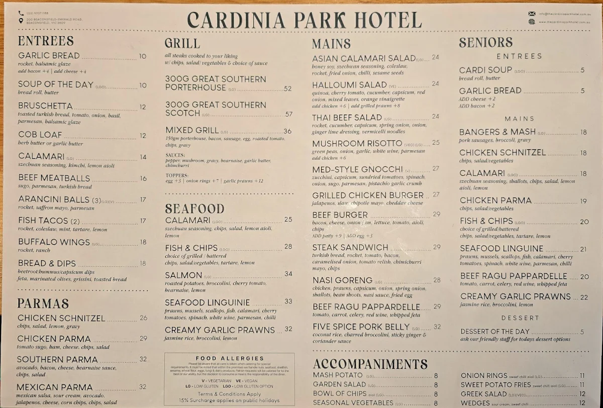 Menu, Cardinia Park Hotel