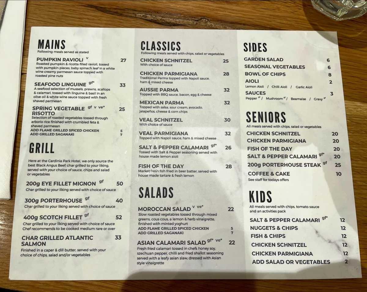 Menu, Cardinia Park Hotel