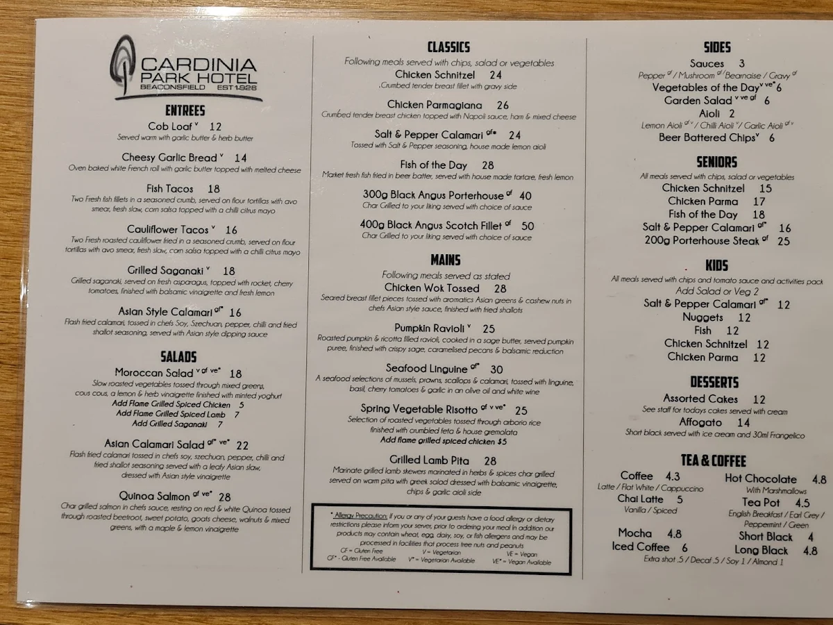 Menu, Cardinia Park Hotel
