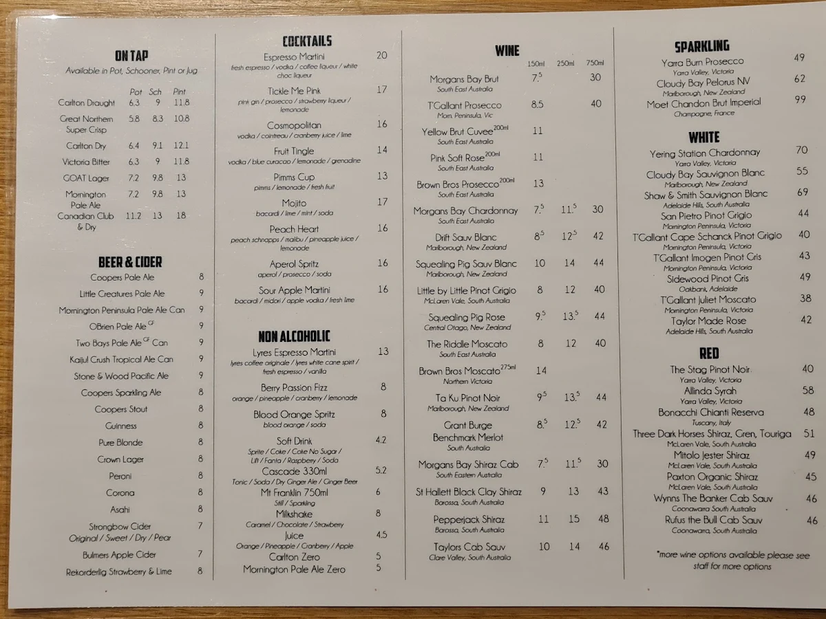 Menu, Cardinia Park Hotel